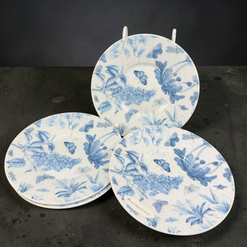 Portmeirion Botanic Blue Saucers Plates Set 4 Blue White Floral Butterfly 6 inch